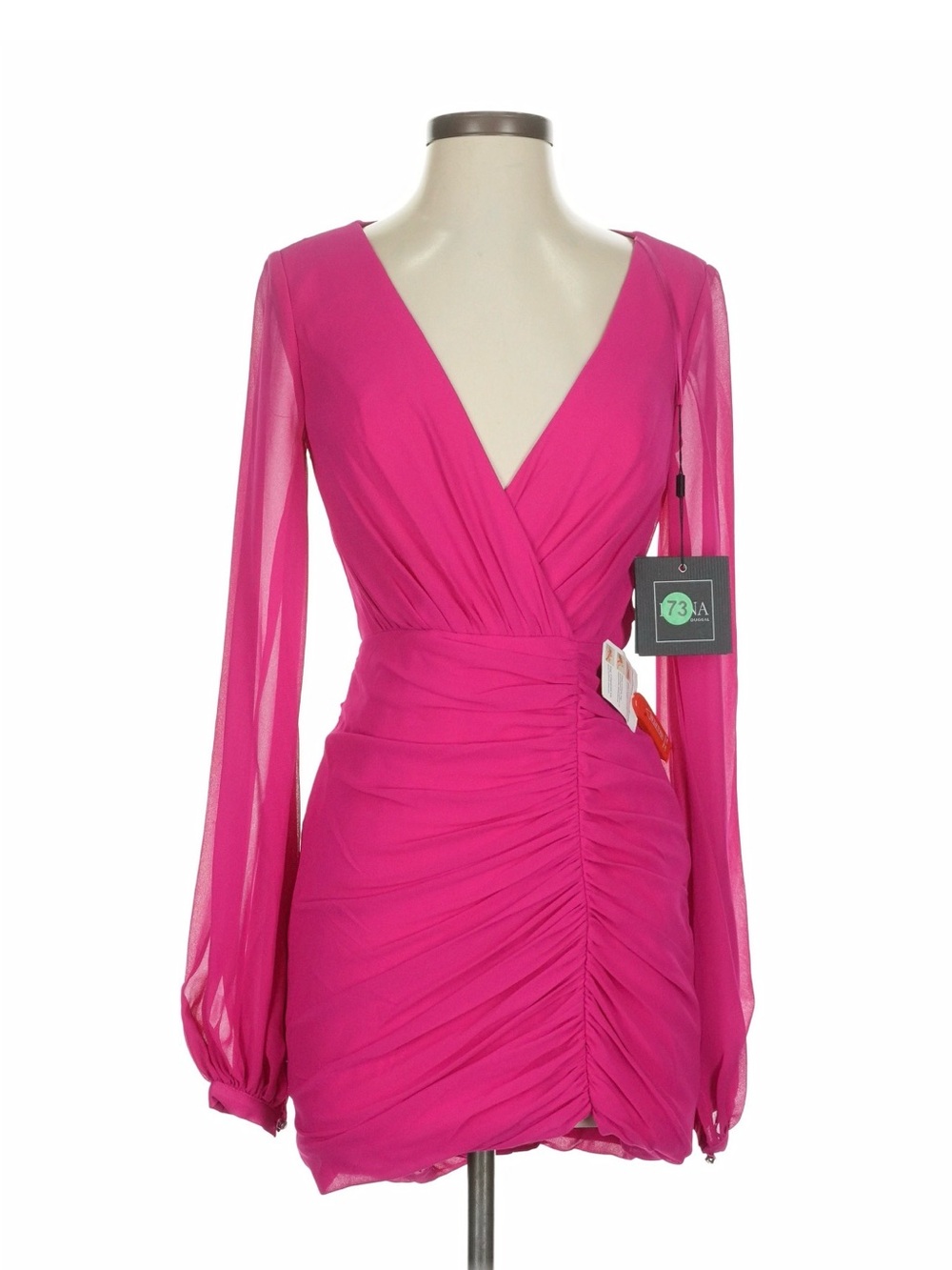 Fuchsia Long-Sleeve Ruched V-Neck Mini Dress